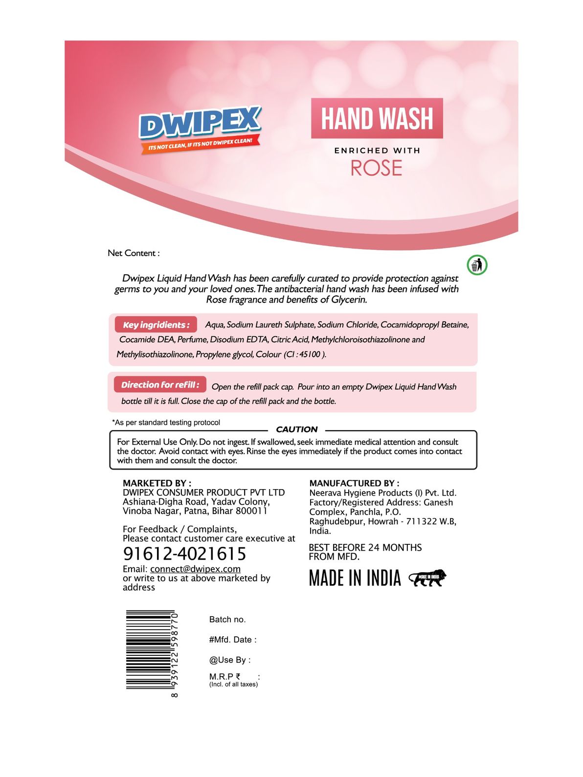 Image of Dwipex hand wash rose refill sticker back view